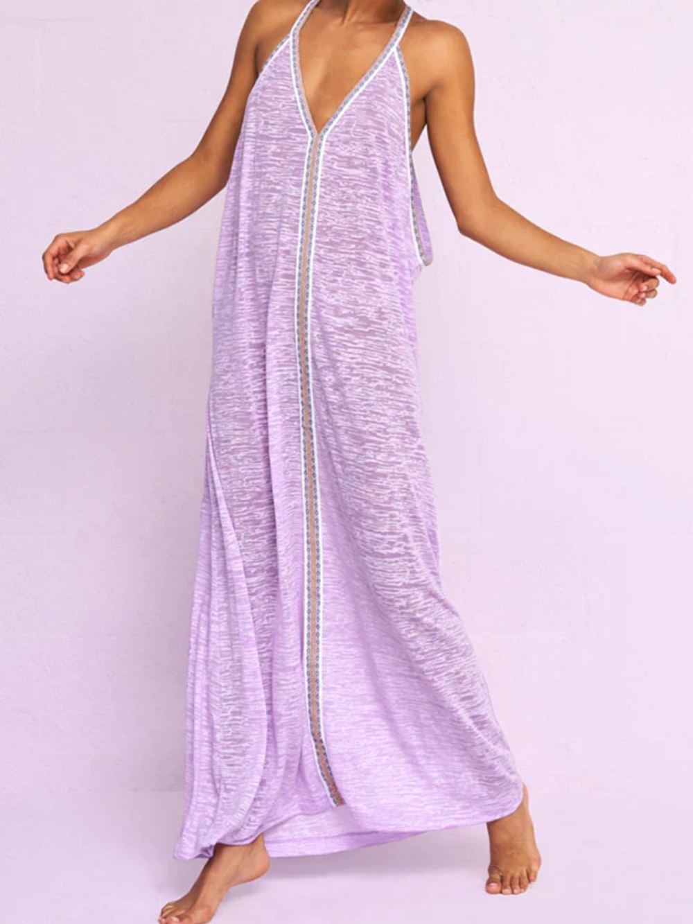Pitusa Lavender V-Neck Halter Maxi Dress with Trim Detail
